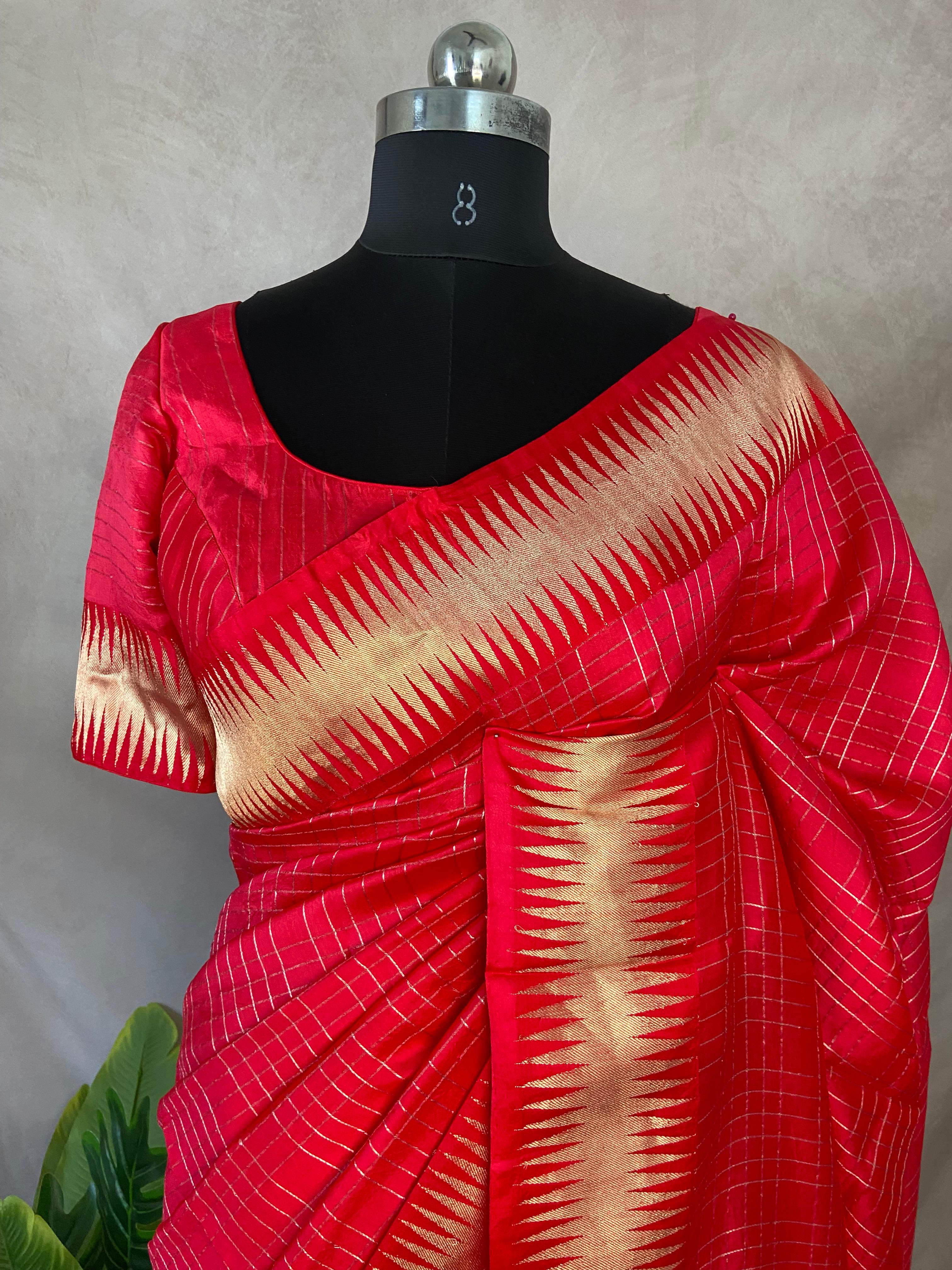 Red pure raw mango silk saree with stitched blouse