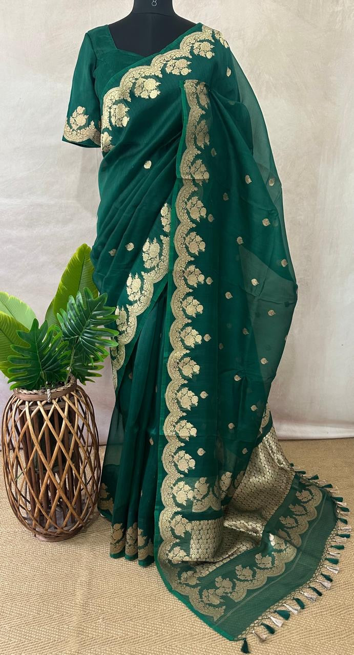 Kora banarsi silk saree with stitched blouse and underskirt