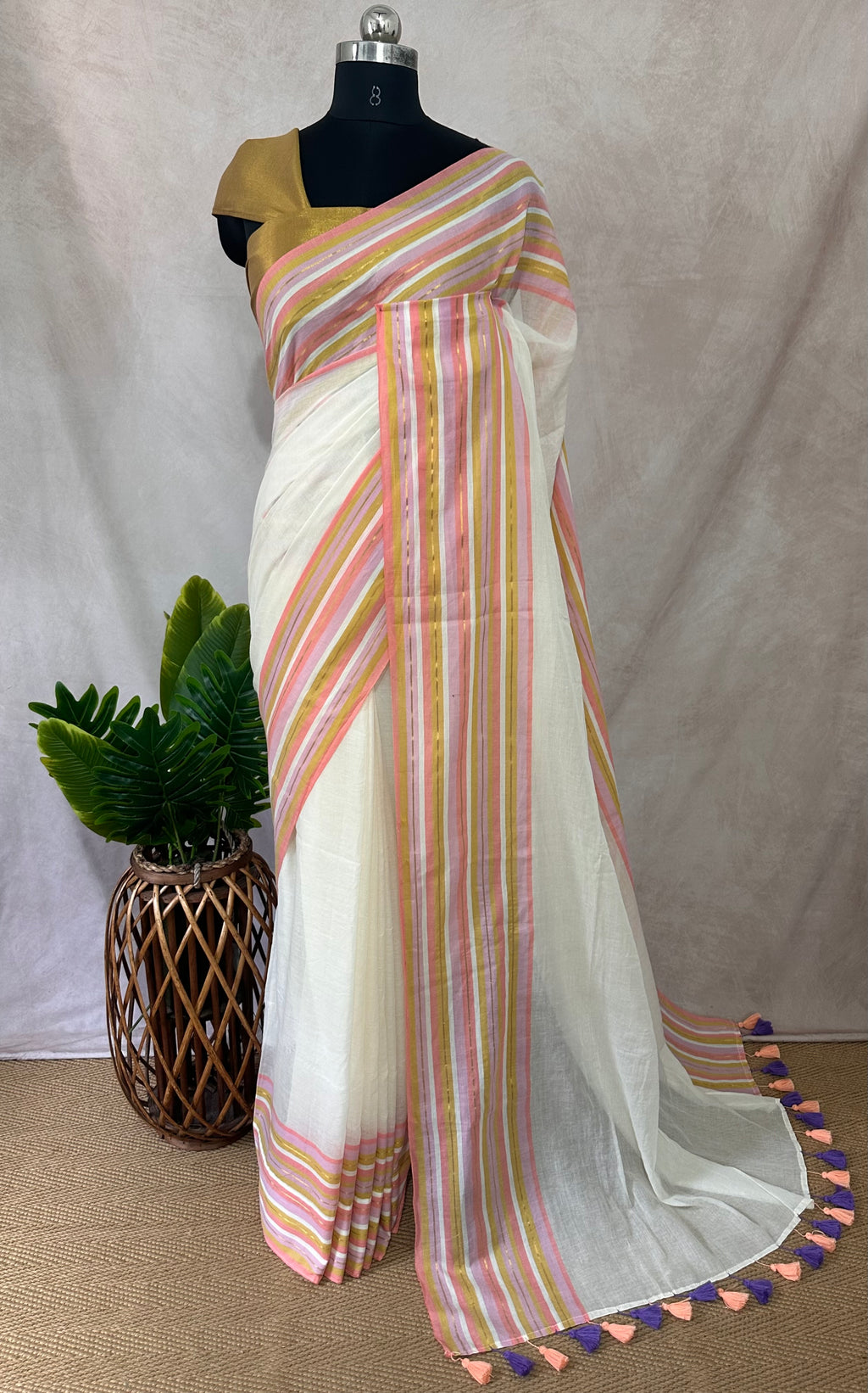 Multi color border 120 count mulcotton saree