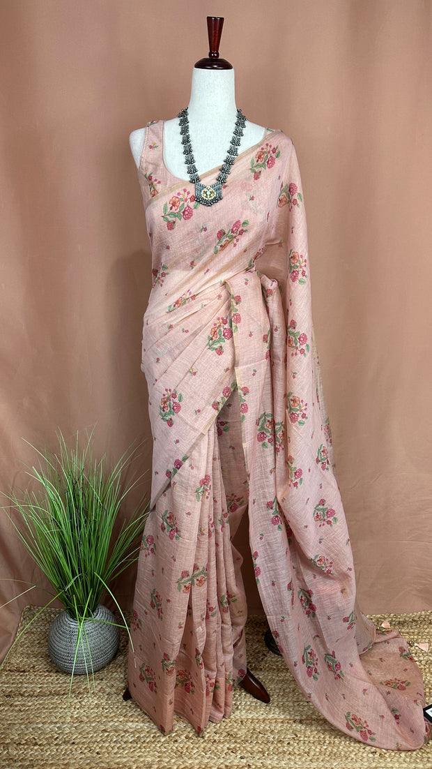 Tissue chanderi printed cotton saree with stitched blouse