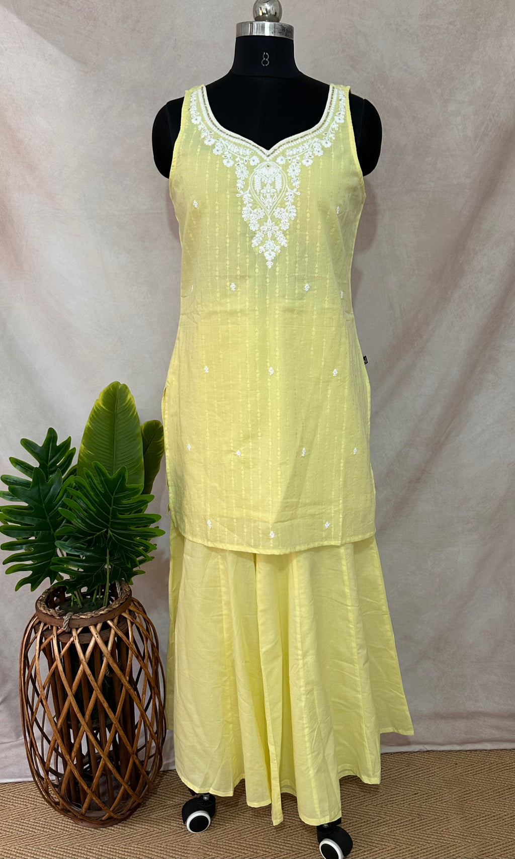 Yellow cotton kurti with bottom and dupatta