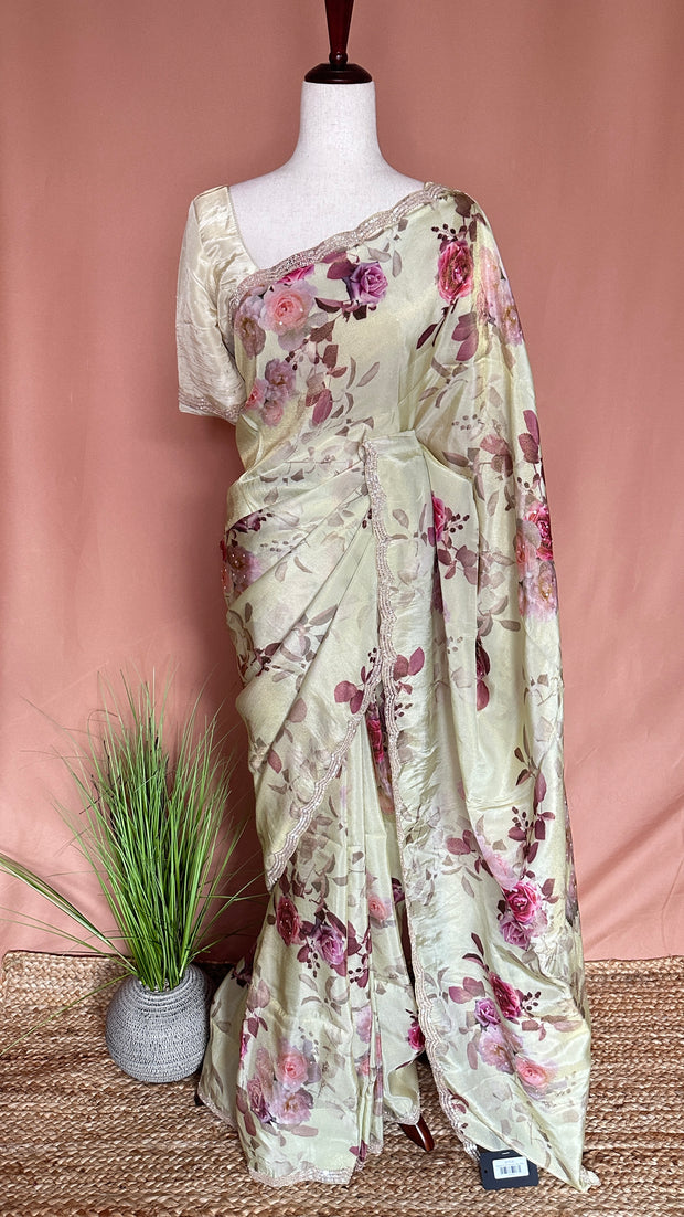 Tissue crepe silk saree with sequins border, stitched blouse