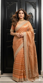 Orange Tissue oraganza saree with designer blouse