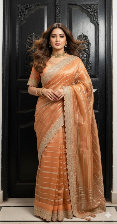 Orange Tissue oraganza saree with designer blouse