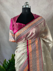 Cora tissue silk saree with multi color banarsi Border, with stitched blouse