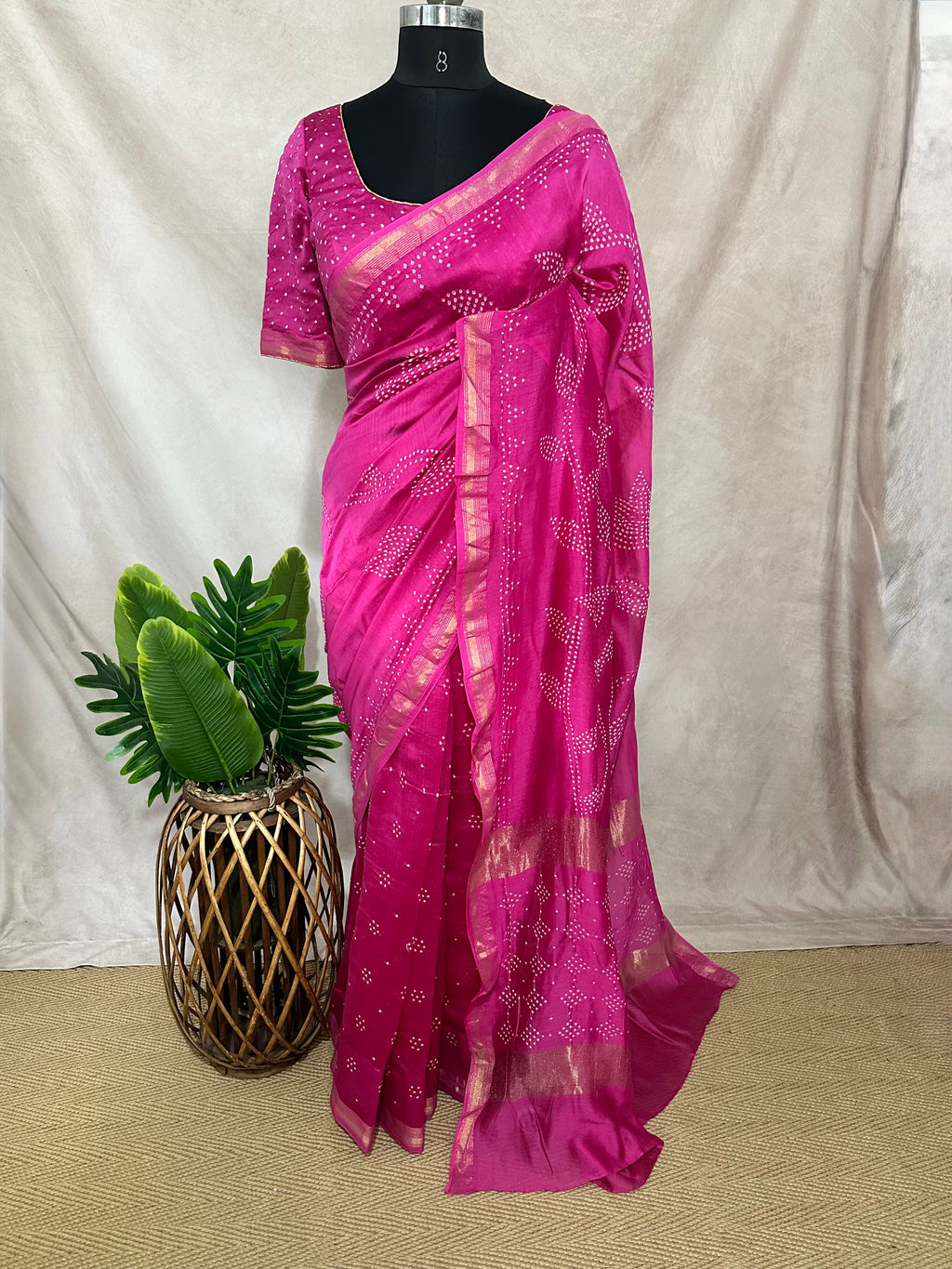 Designer rai bandhej chanderi saree with stitched blouse