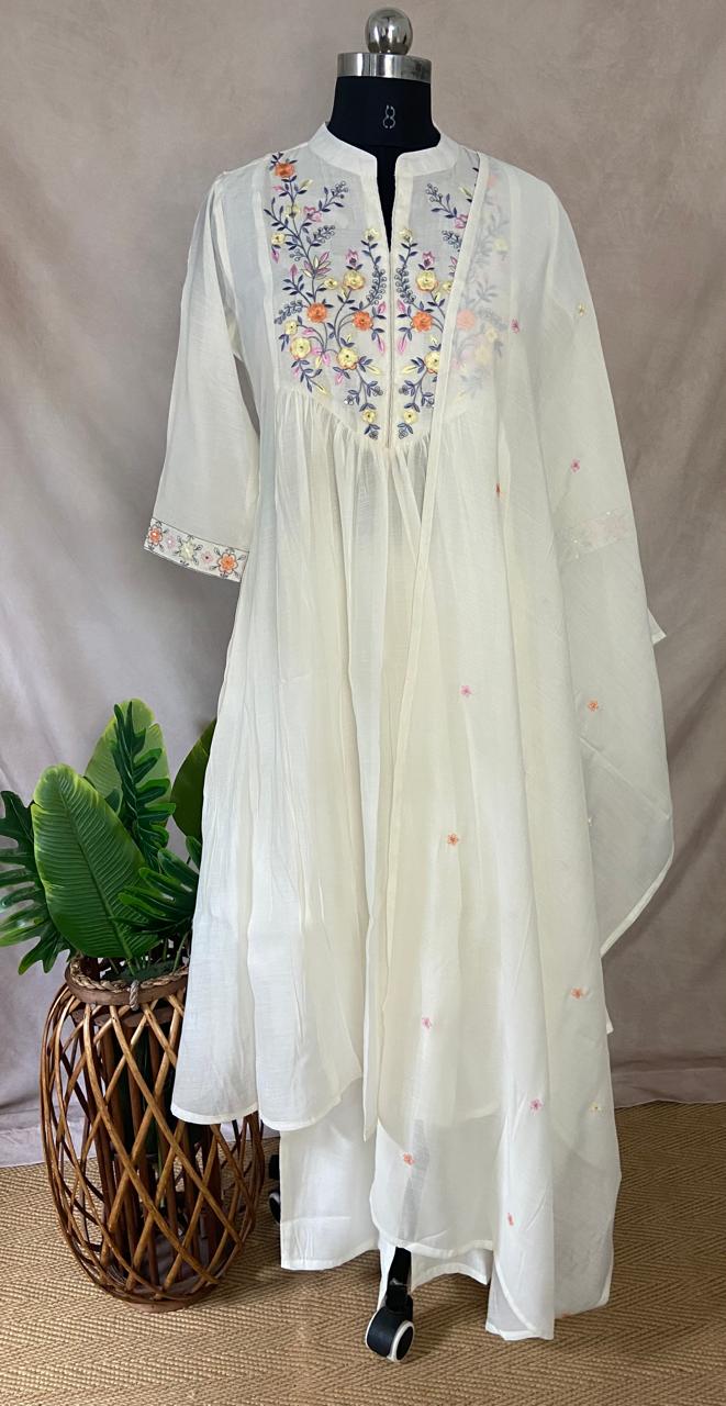 Off white chanderi silk Kurti with bottom and dupatta