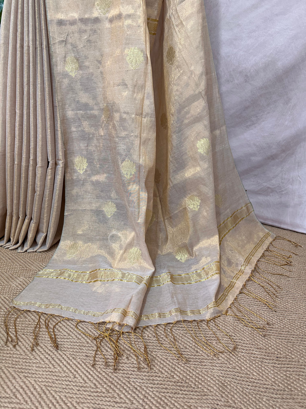 Handloom Gold cotton tissue saree with lotus jamdani weave ,