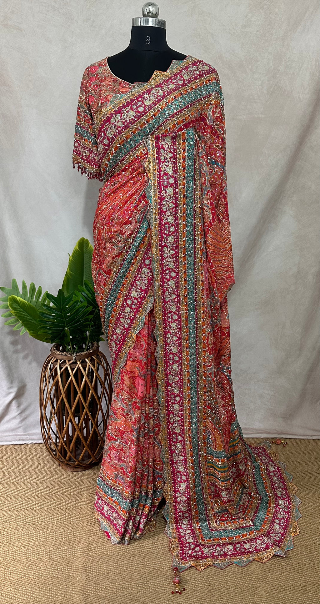 Pink Printed Crepe Designer Saree with Embroidered Readymade Blouse