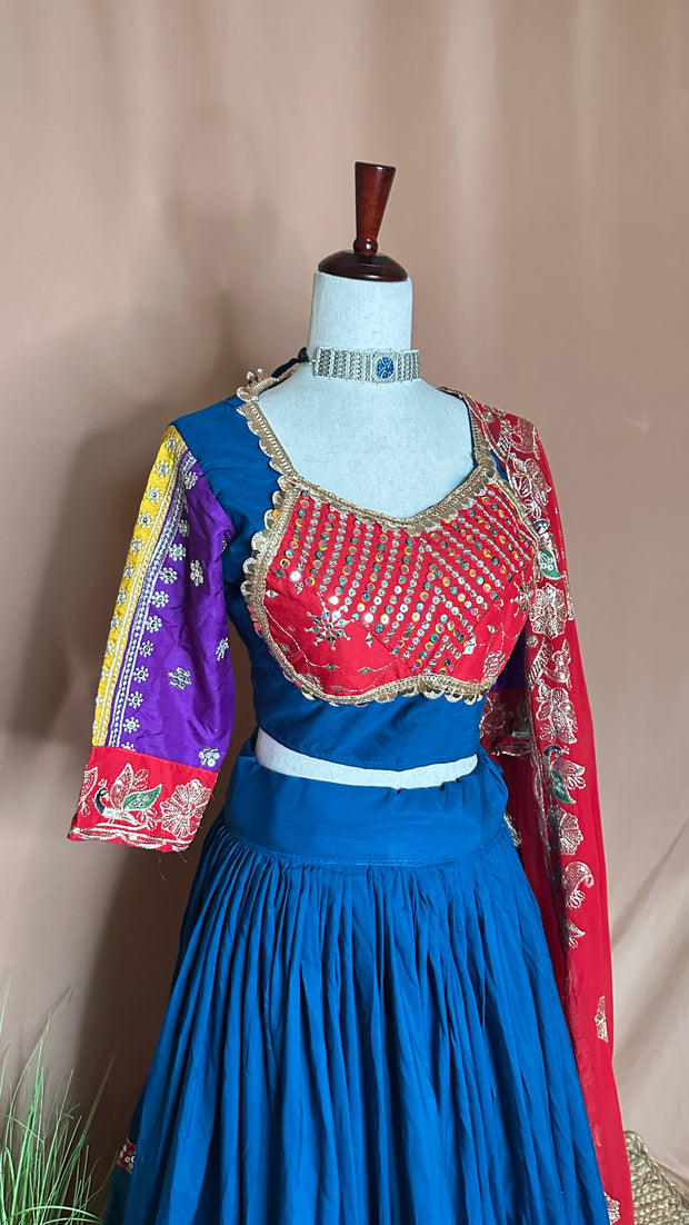 Blue and multicolored patch work lehanga set