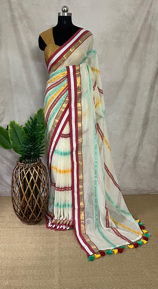Mulcotton saree with red and gold border
