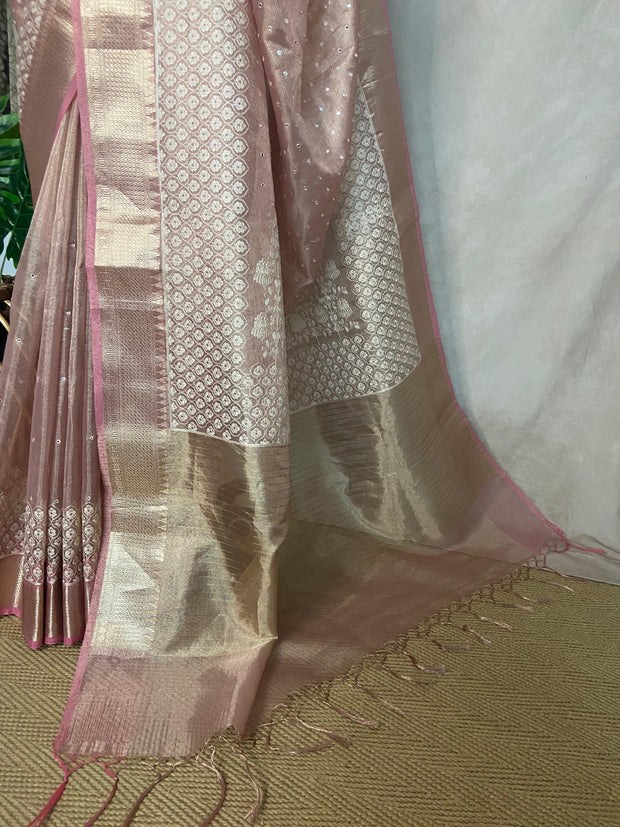 Tissue Kotta silk saree with mirror and chikankari work, with stitched blouse