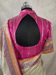 Cora tissue silk saree with multi color banarsi Border, with stitched blouse