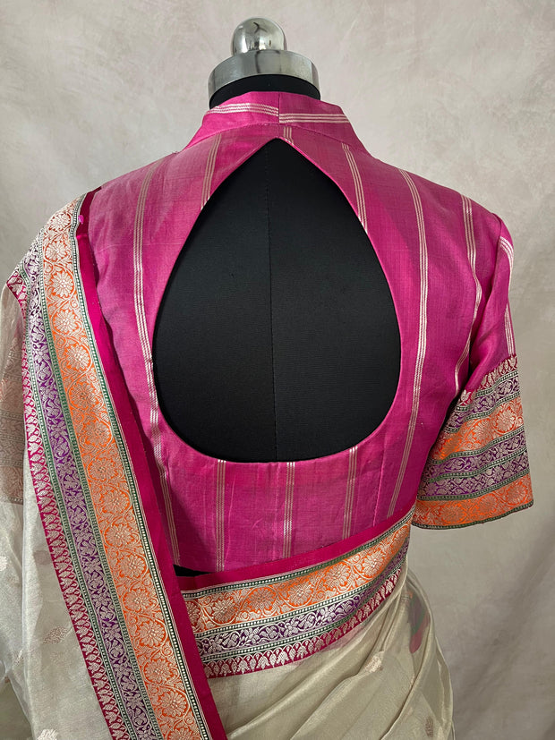 Cora tissue silk saree with multi color banarsi Border, with stitched blouse