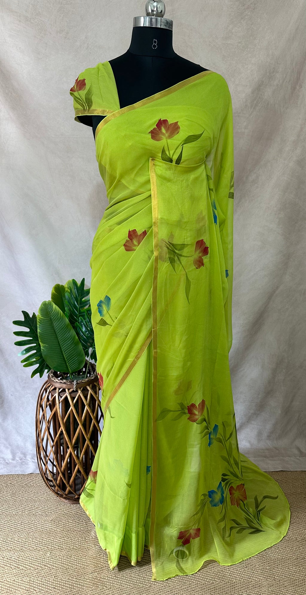 Premium hand painted Pure Chiffon saree , with BP
