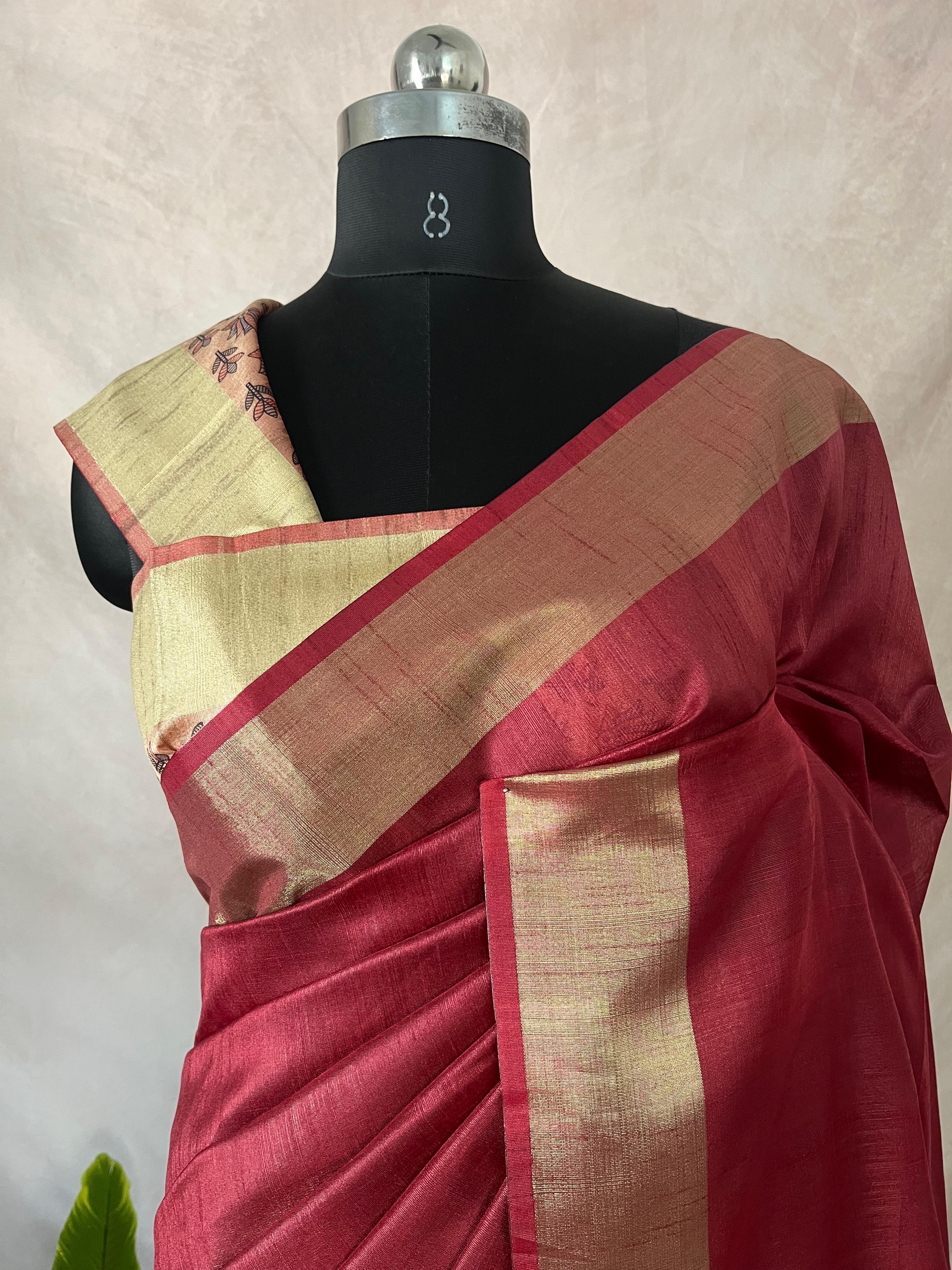 Semi Tussar silk saree with madubani print on pallu, with BP