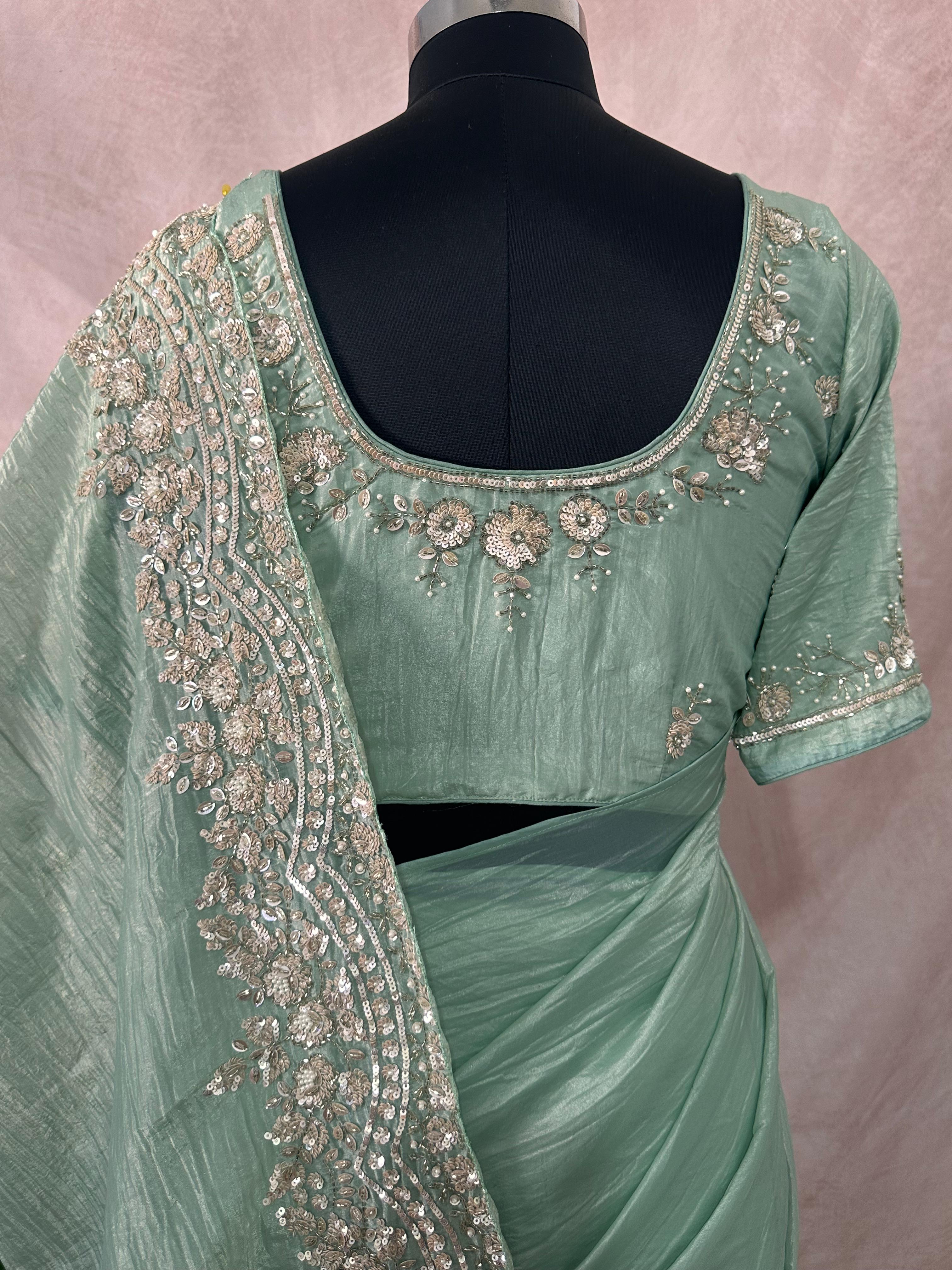 Crushed tissue designer saree with stitched blouse and under skirt