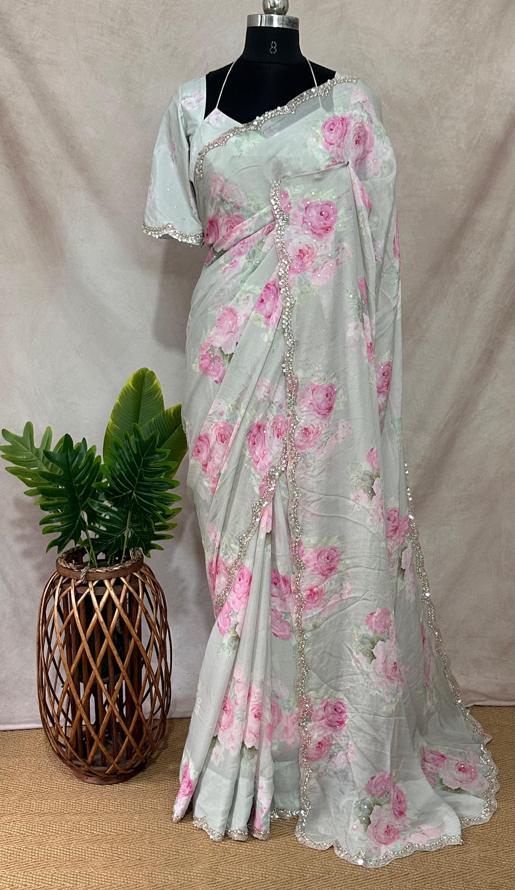 Crepe saree with sequins border , blouse and under skirt