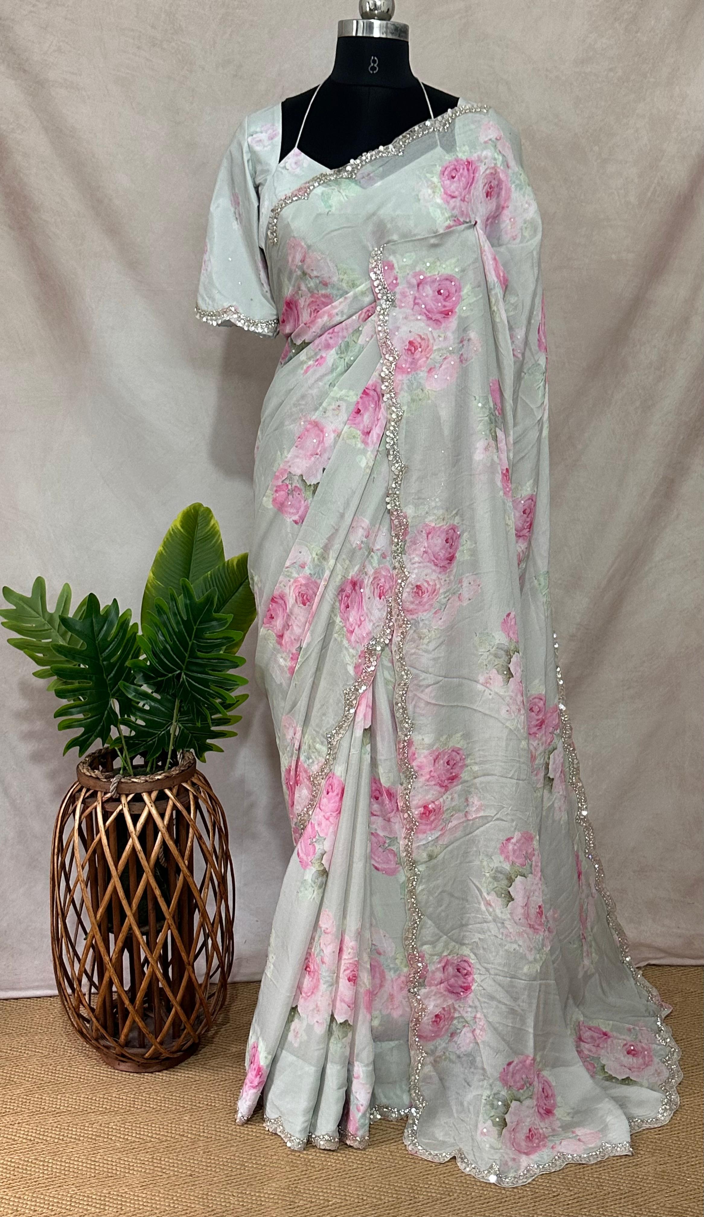 Crepe saree with sequins border , blouse and under skirt