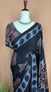 Ajrakh handblock printed modal silk saree with stitched blouse