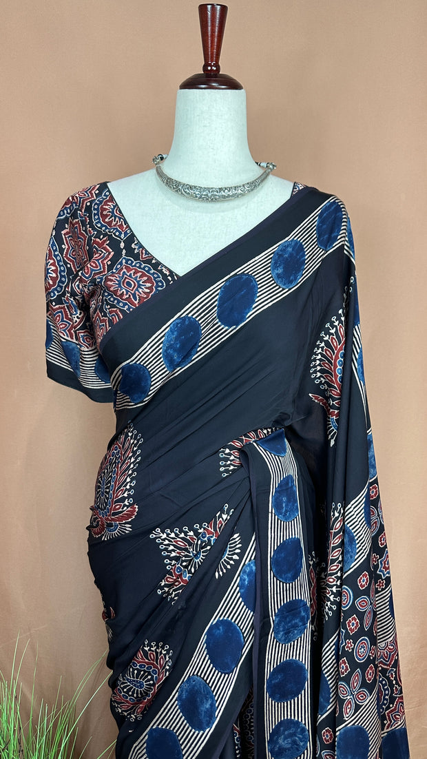 Ajrakh handblock printed modal silk saree with stitched blouse