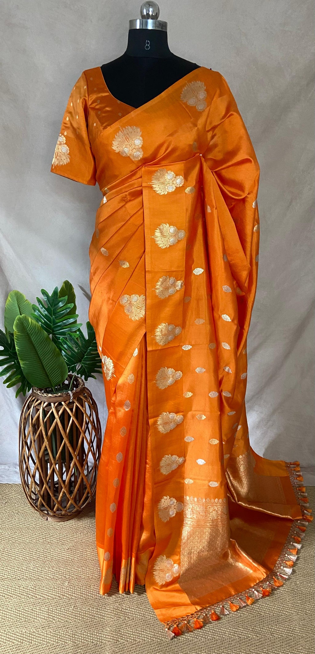 Orange pure raw mango silk saree with stitched blouse