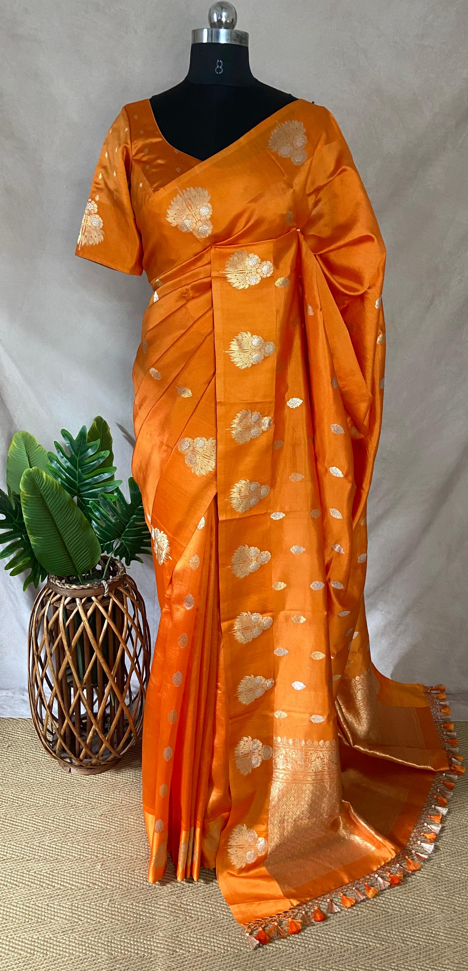 Orange pure raw mango silk saree with stitched blouse
