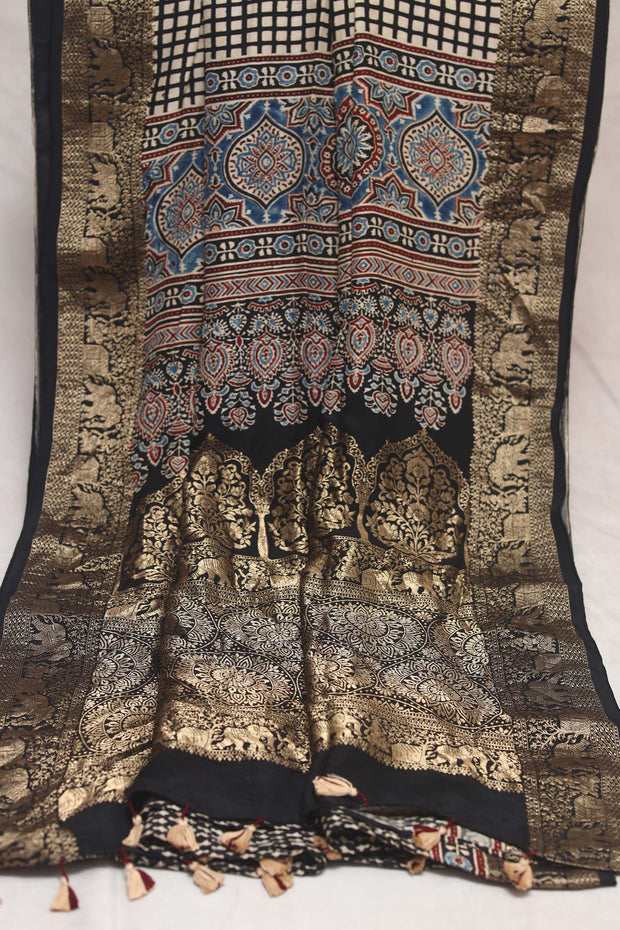 Dola Silk Saree with Ajrakh Hand Block Print , stitched blouse