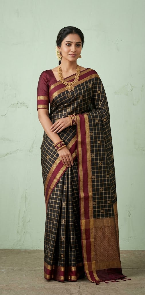 Navi blue and maroon kanchvaram soft silk saree
