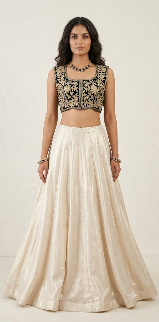 Shimmer crepe skirt with designer crop top