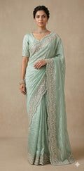 Crushed tissue designer saree with stitched blouse and under skirt