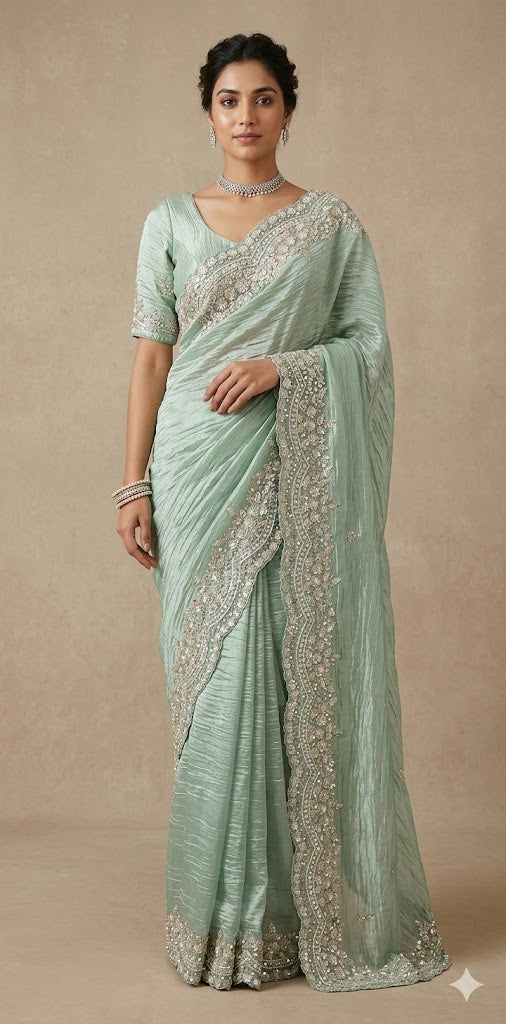 Crushed tissue designer saree with stitched blouse and under skirt