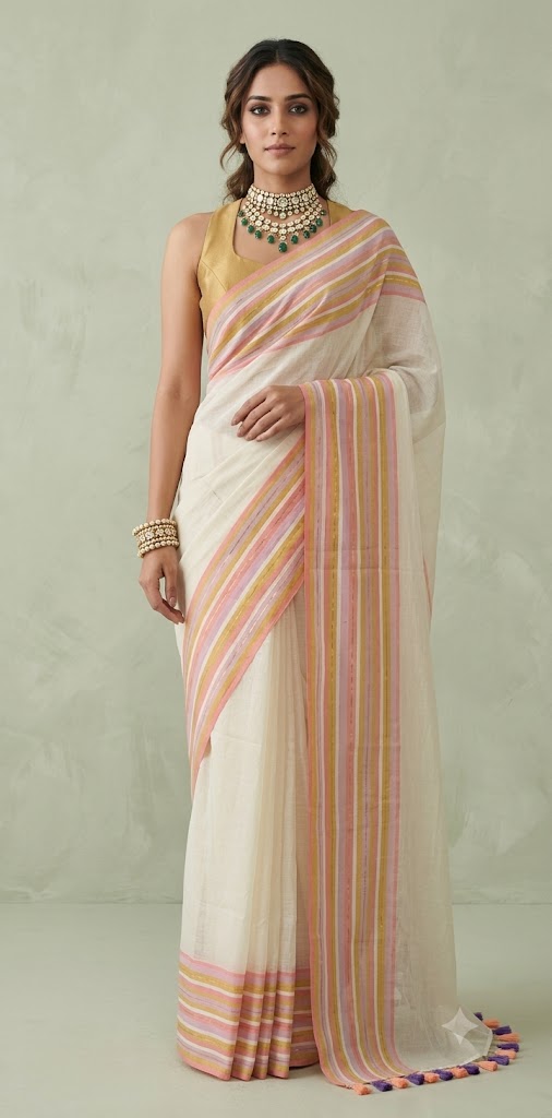 Multi color border 120 count mulcotton saree