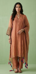 Burnt orange chanderi tissue designer kurti set