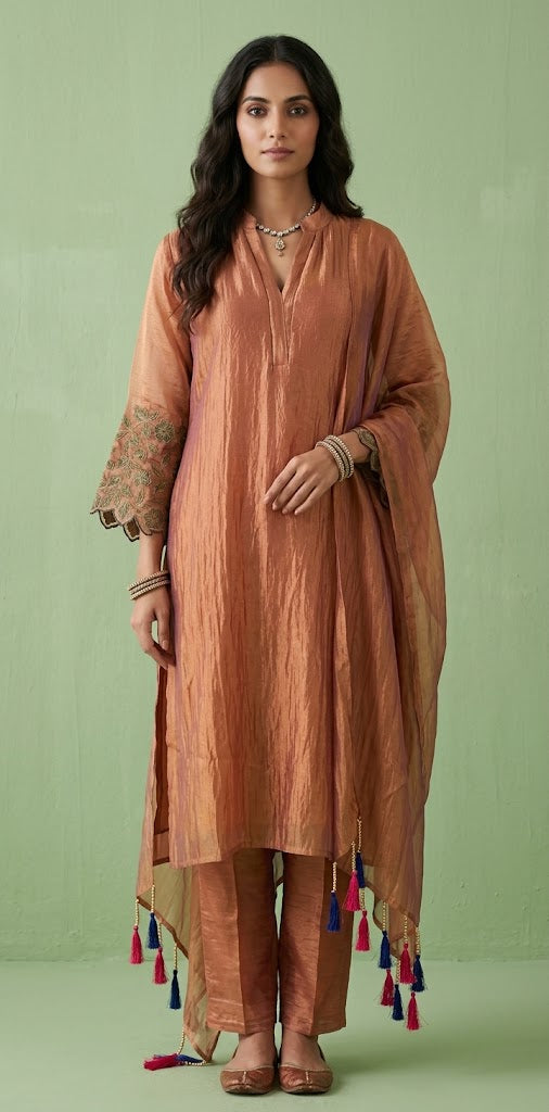 Burnt orange chanderi tissue designer kurti set