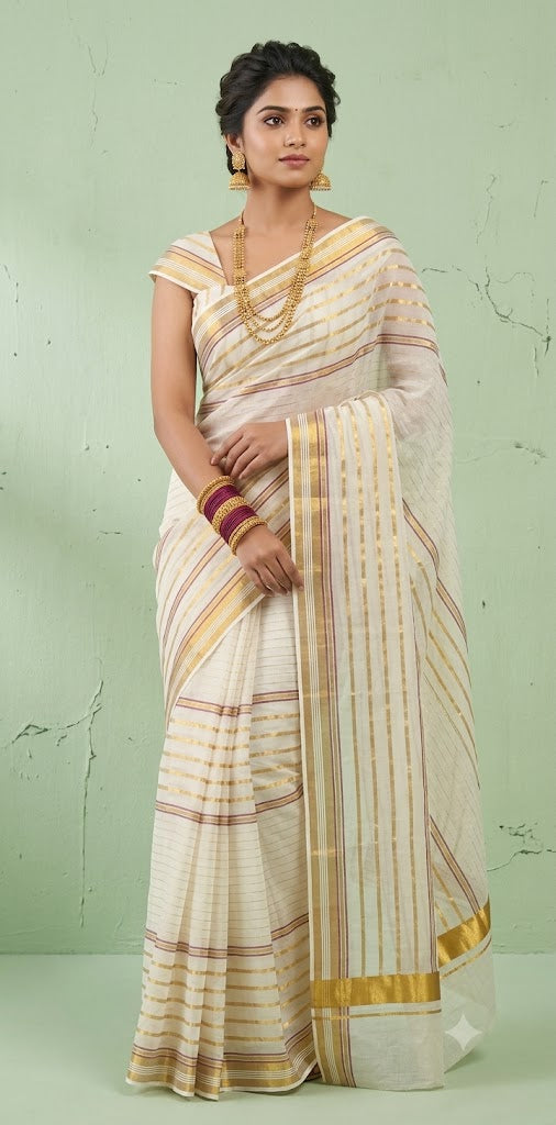 Maroon and gold line 120 mulcotton saree