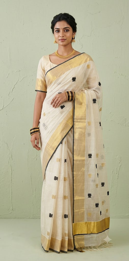 Handloom tissue kerala kasavu saree with stitched blouse
