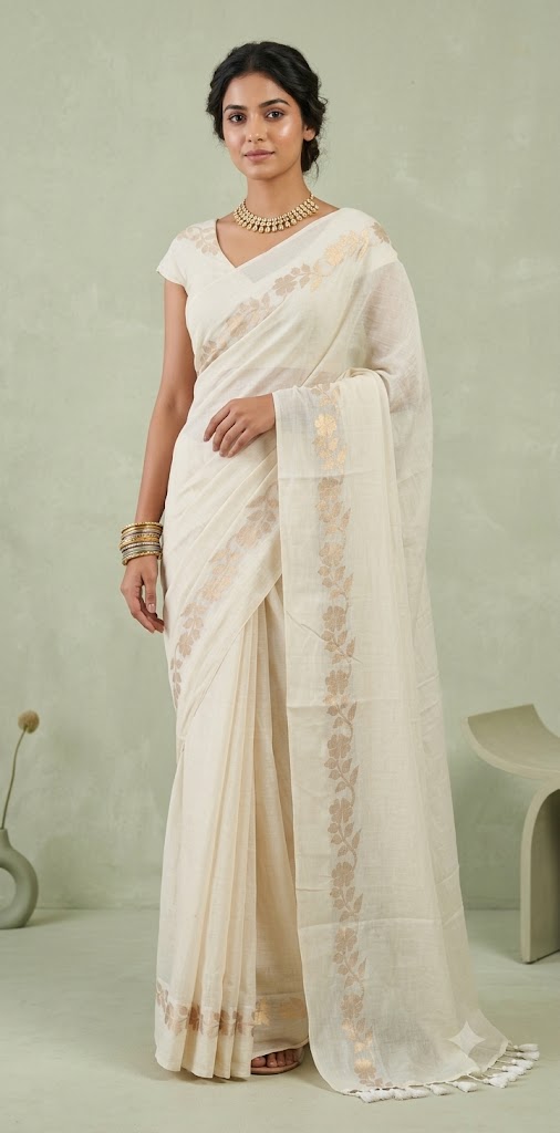 Gold floral vines border 120 count mulcotton saree