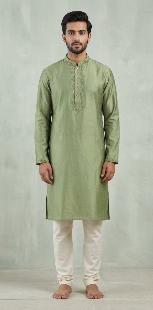 Light olive green soft cotton kurta with hand embroidery