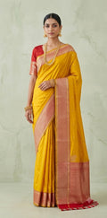 Yellow and red pure katan silk saree with stitched blouse