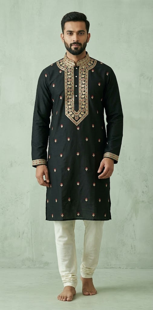 Black soft cotton kurta with neck emroidery
