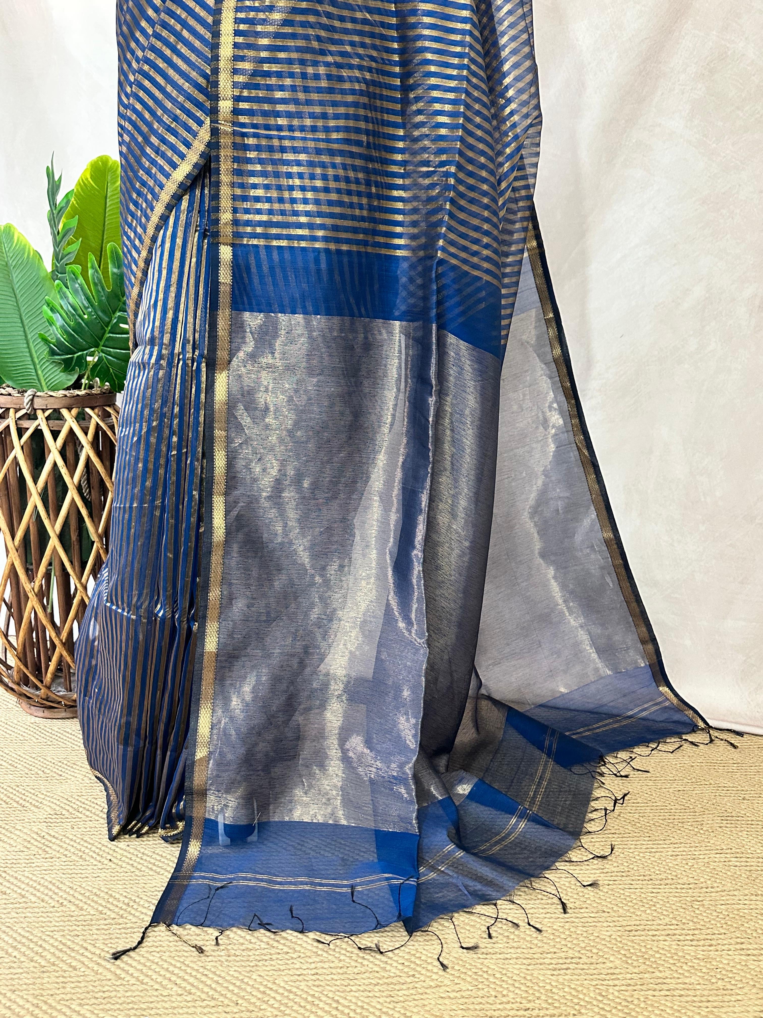Maheshwari tissue silk saree with stripe and stitched blouse