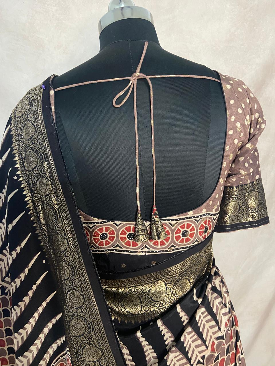 Ajrakh hand block printed premium dola silk saree with stitched blouse