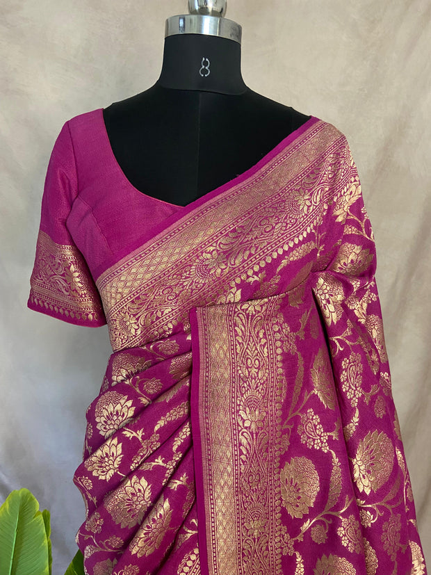 Majenta pure tussar silk saree eith stitched blouse