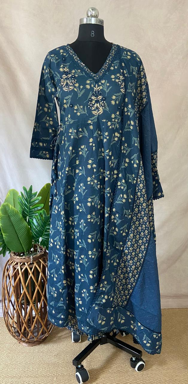 Indigo cotton anarkalai with handwork , bottom and dupatta