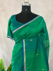 Green double shaded Maheswari silk cotton saree with stitched blouse