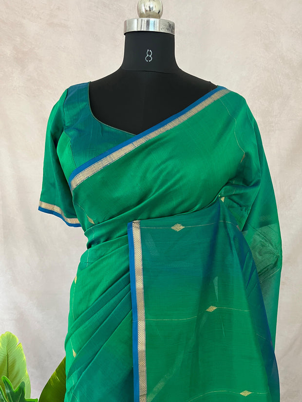 Green double shaded Maheswari silk cotton saree with stitched blouse
