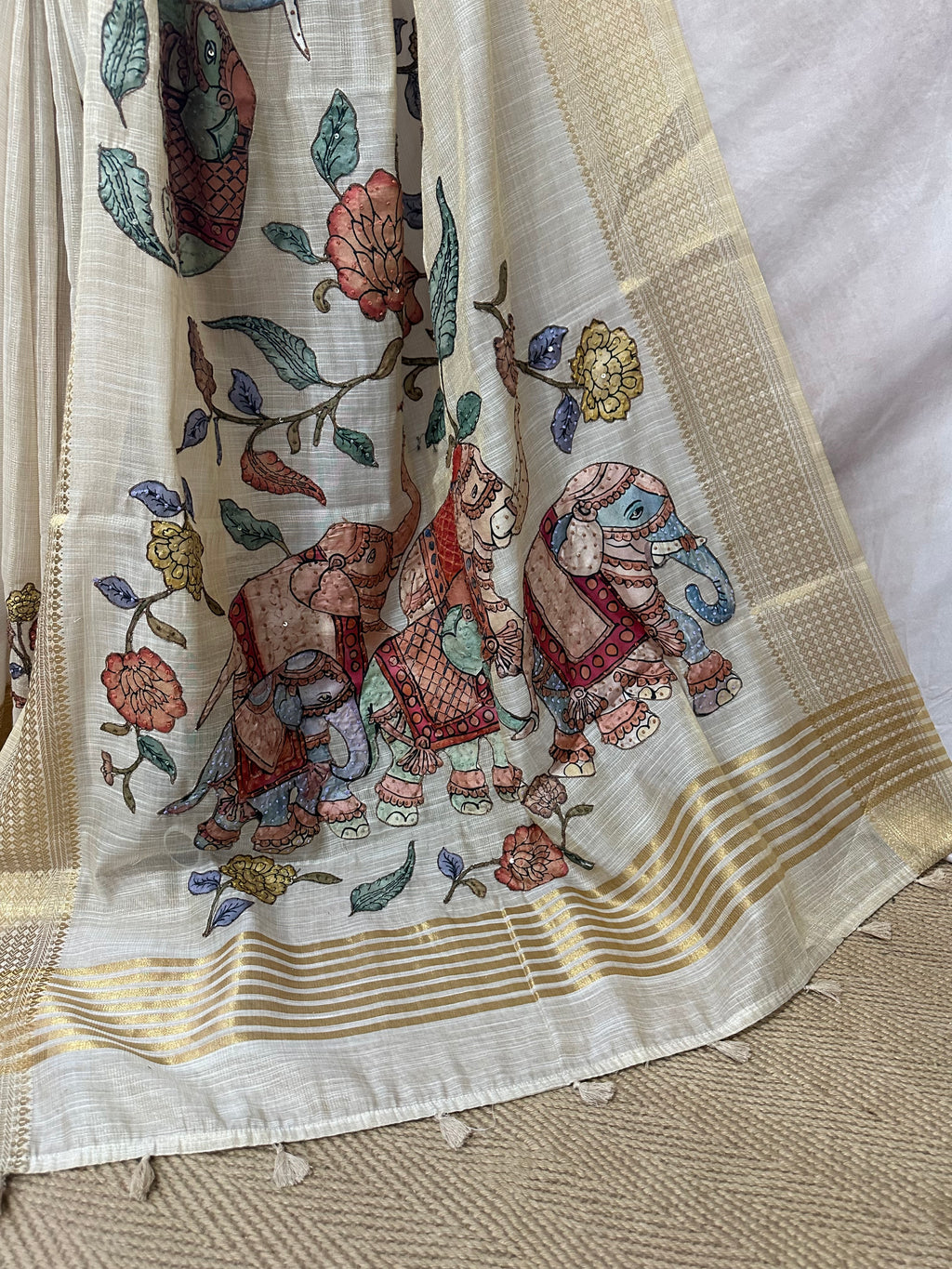 Tissue linen saree with kalamkari patch work , with BP