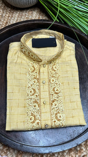 Light yellow cotton silk kurta with hand embroidery - 42