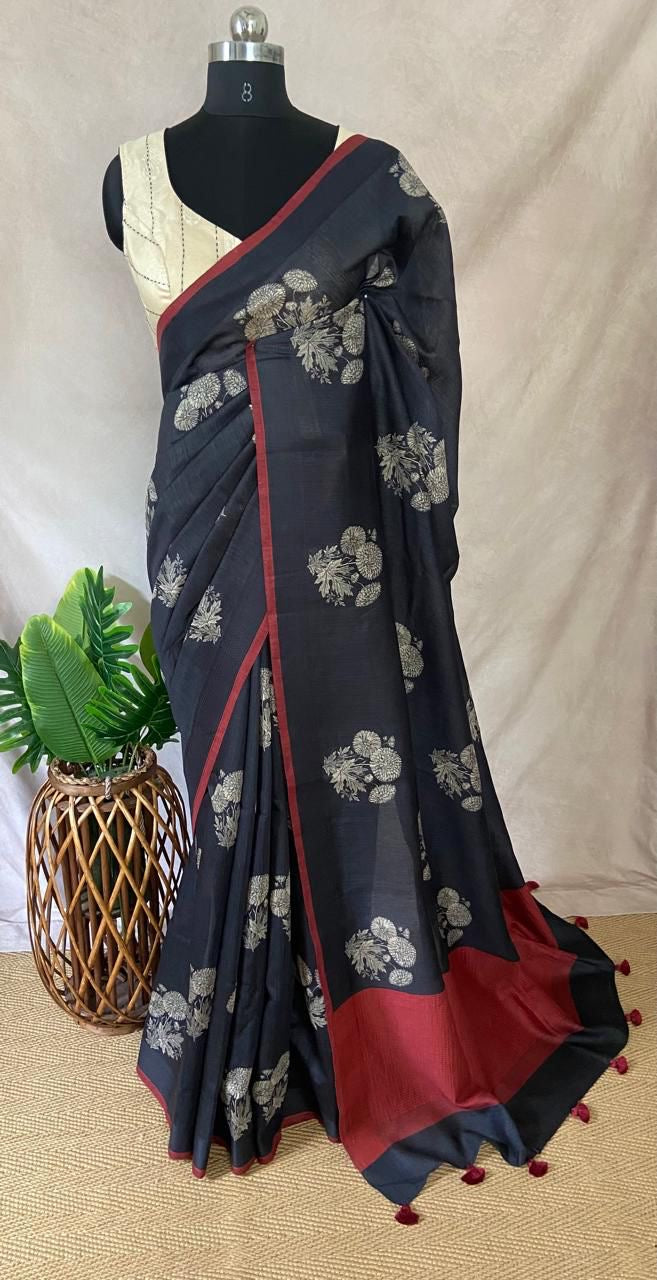Blended tussar silk saree with stitched long blouse